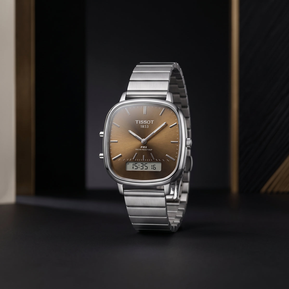 PRX Style Ana-Digi Men Watch Sunburst Brown Dial Digital Display Silver Steel Bracelet Dual Time Luxury Inspired Watch