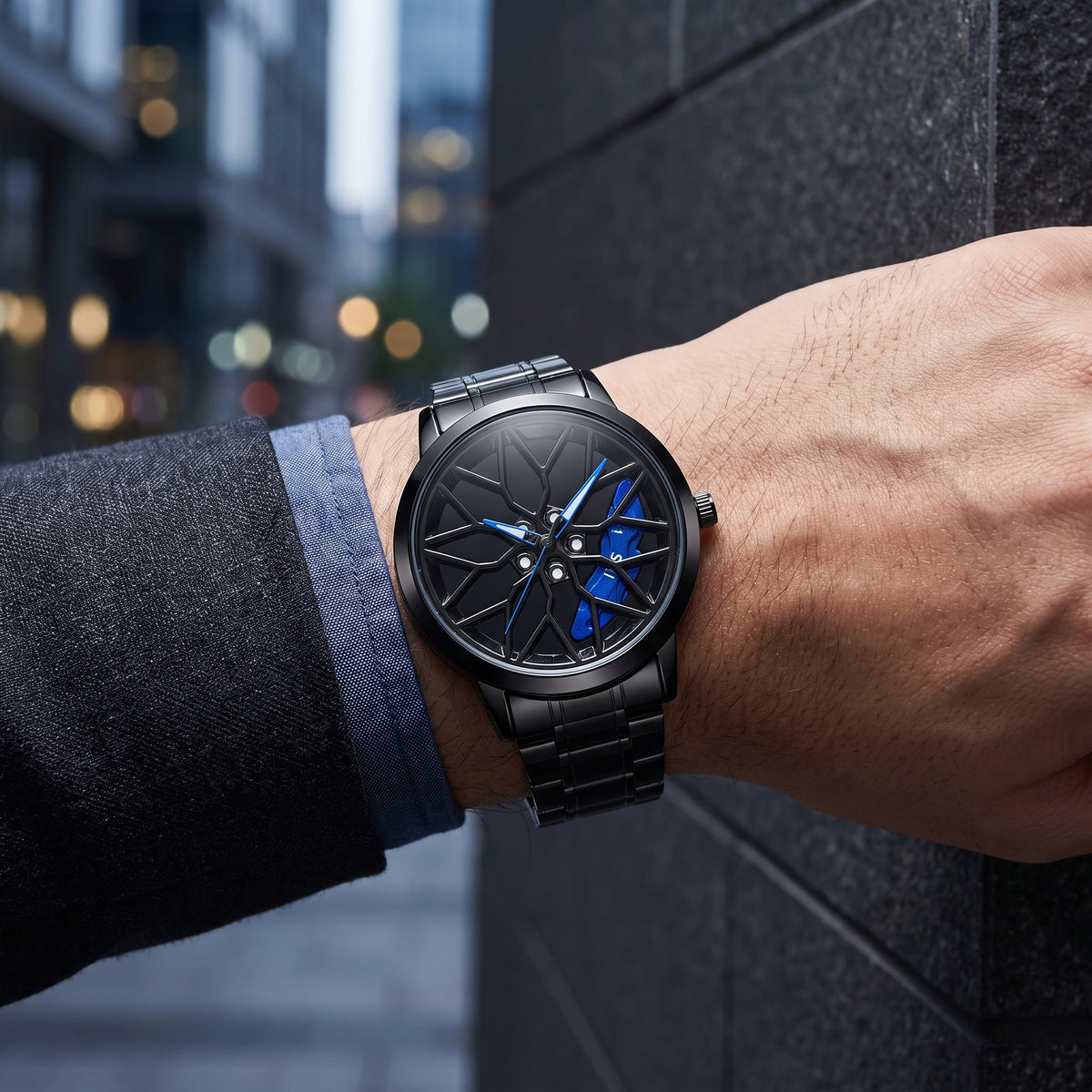 Spinning Car Wheel Watch – Blue Accent | Gyro Rim & Brake Caliper Men's Watch