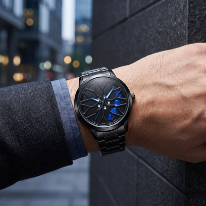 Spinning Car Wheel Watch – Blue Accent | Gyro Rim & Brake Caliper Men's Watch