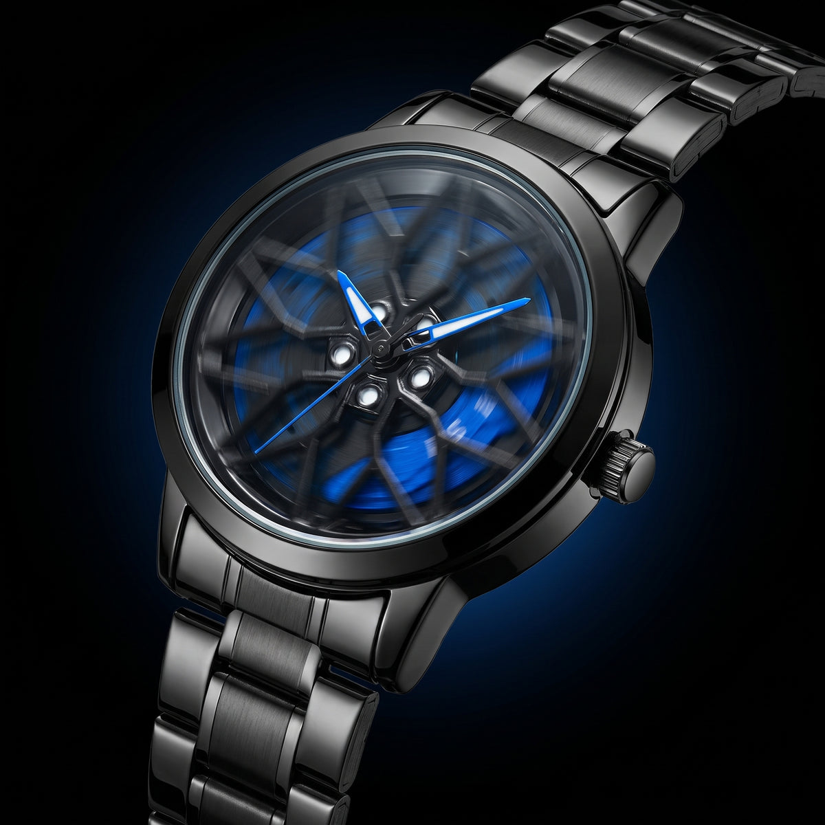 Spinning Car Wheel Watch – Blue Accent | Gyro Rim & Brake Caliper Men's Watch