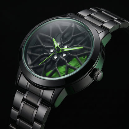 Spinning Car Wheel Watch – Green Accent | Gyro Rim & Brake Caliper Men's Watch