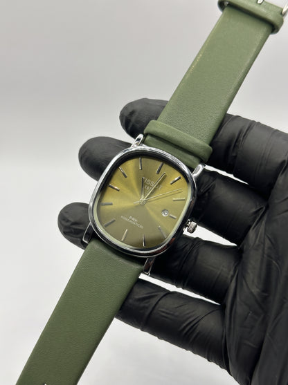 Vintage Olive Green Cushion Case Men’s Watch – Minimalist Sunburst Dial Leather Strap Wristwatch
