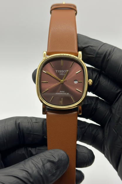 Classic Gold Cushion Watch – Burgundy Dial & Brown Leather Strap