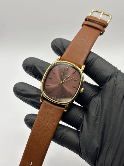 Classic Gold Cushion Watch – Burgundy Dial & Brown Leather Strap