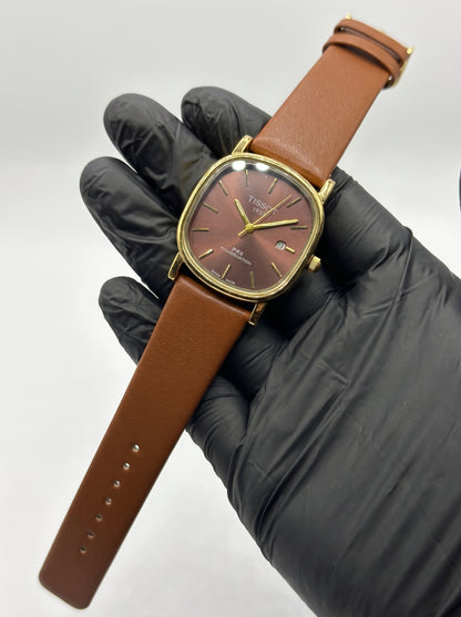Classic Gold Cushion Watch – Burgundy Dial & Brown Leather Strap