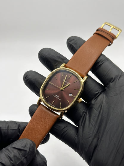Classic Gold Cushion Watch – Burgundy Dial & Brown Leather Strap