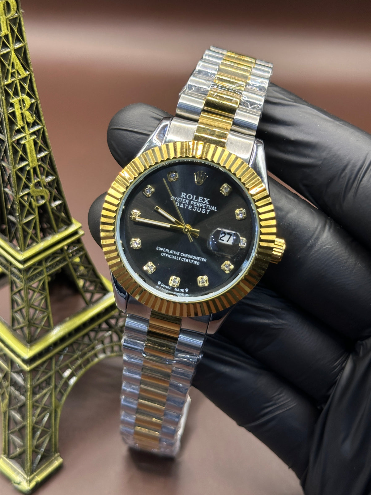 Datejust  two-tone gold and silver black dial with diamond-style hour markers