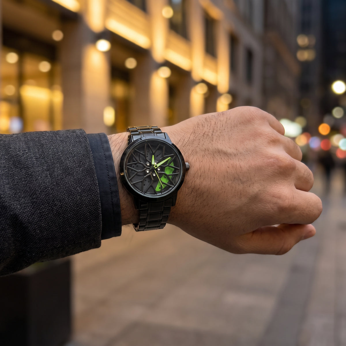 Spinning Car Wheel Watch – Green Accent | Gyro Rim & Brake Caliper Men's Watch