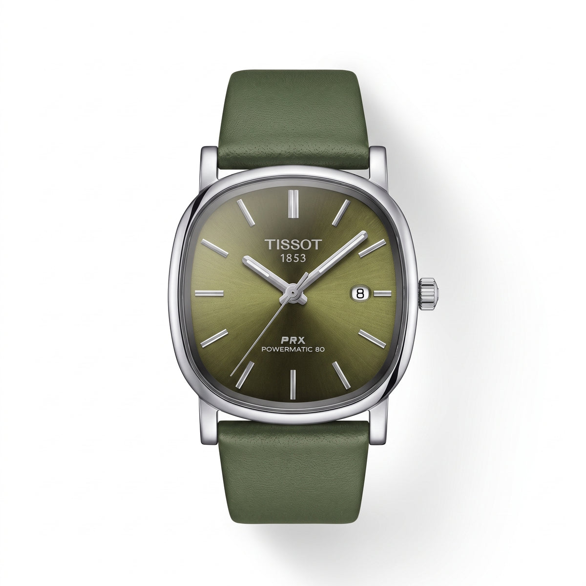 Vintage Olive Green Cushion Case Men’s Watch – Minimalist Sunburst Dial Leather Strap Wristwatch