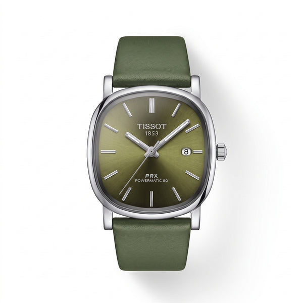 Vintage Olive Green Cushion Case Men’s Watch – Minimalist Sunburst Dial Leather Strap Wristwatch