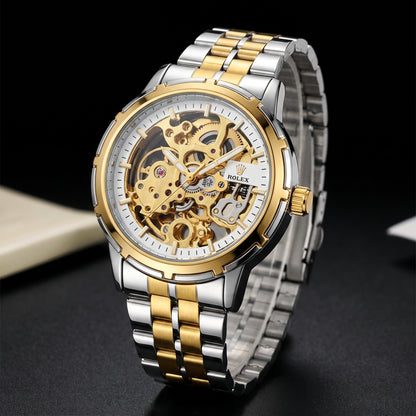 Trizo Premium Two-Tone Automatic Skeleton Watch – Smooth Bezel & Sweeping Movement