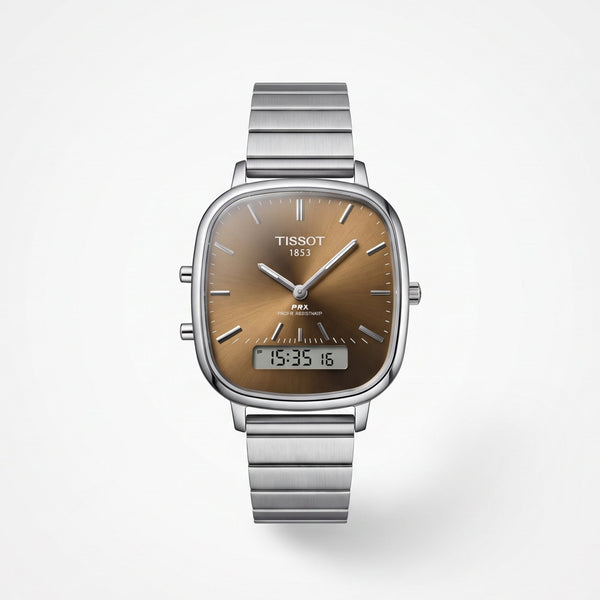 PRX Style Ana-Digi Men Watch Sunburst Brown Dial Digital Display Silver Steel Bracelet Dual Time Luxury Inspired Watch