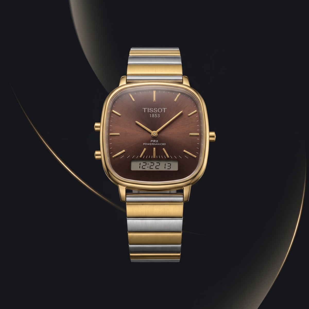 PRX Style Ana-Digi Men Watch Sunburst Brown Dial Digital Display Two-Tone Steel Bracelet Dual Time Luxury Inspired Watch