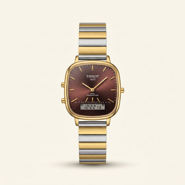 PRX Style Ana-Digi Men Watch Sunburst Brown Dial Digital Display Two-Tone Steel Bracelet Dual Time Luxury Inspired Watch