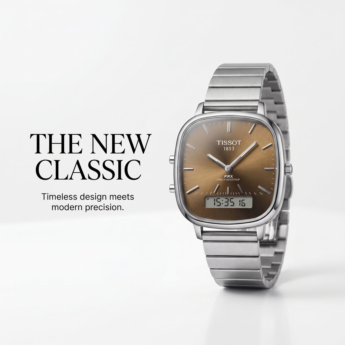 PRX Style Ana-Digi Men Watch Sunburst Brown Dial Digital Display Silver Steel Bracelet Dual Time Luxury Inspired Watch