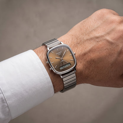PRX Style Ana-Digi Men Watch Sunburst Brown Dial Digital Display Silver Steel Bracelet Dual Time Luxury Inspired Watch