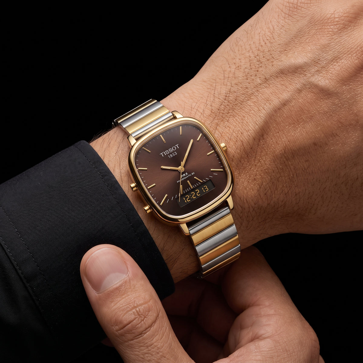PRX Style Ana-Digi Men Watch Sunburst Brown Dial Digital Display Two-Tone Steel Bracelet Dual Time Luxury Inspired Watch