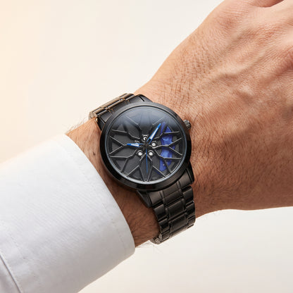 Spinning Car Wheel Watch – Blue Accent | Gyro Rim & Brake Caliper Men's Watch