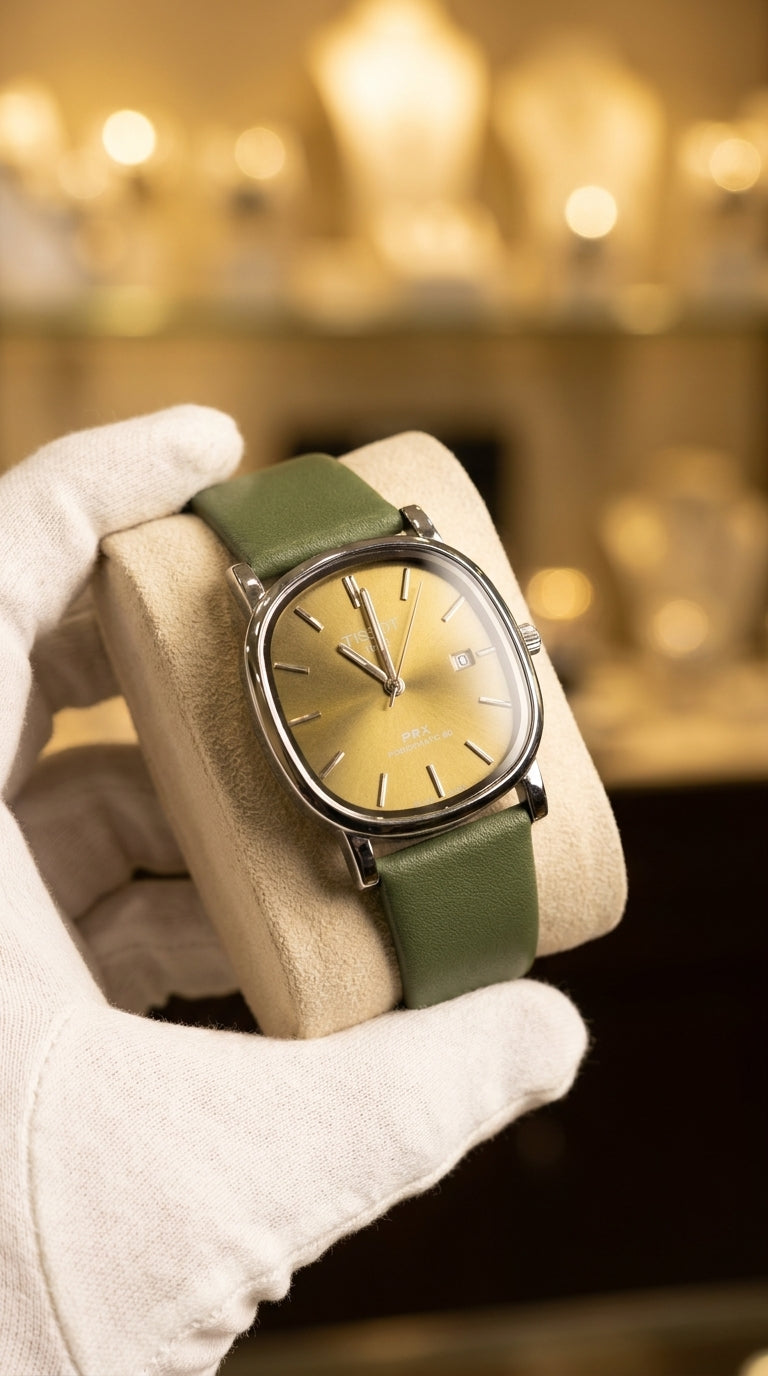 Vintage Olive Green Cushion Case Men’s Watch – Minimalist Sunburst Dial Leather Strap Wristwatch