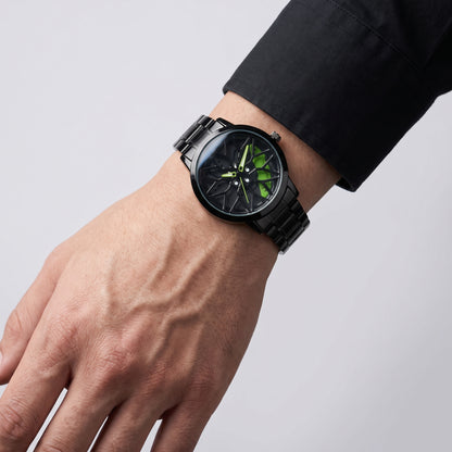 Spinning Car Wheel Watch – Green Accent | Gyro Rim & Brake Caliper Men's Watch