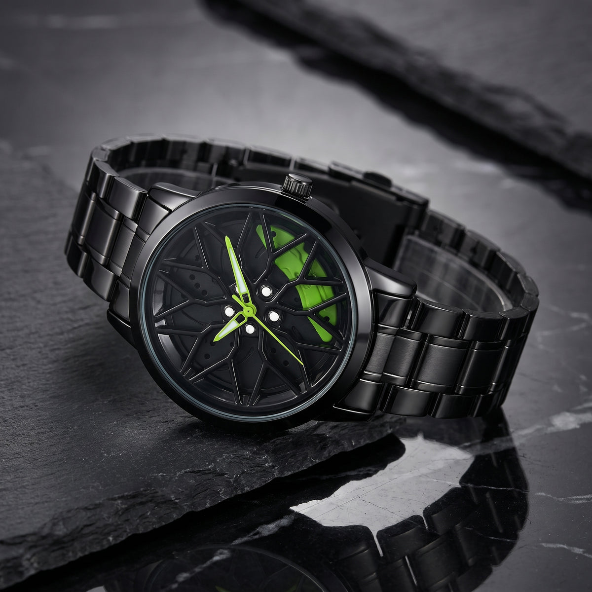 Spinning Car Wheel Watch – Green Accent | Gyro Rim & Brake Caliper Men's Watch