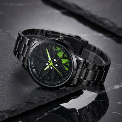 Spinning Car Wheel Watch – Green Accent | Gyro Rim & Brake Caliper Men's Watch