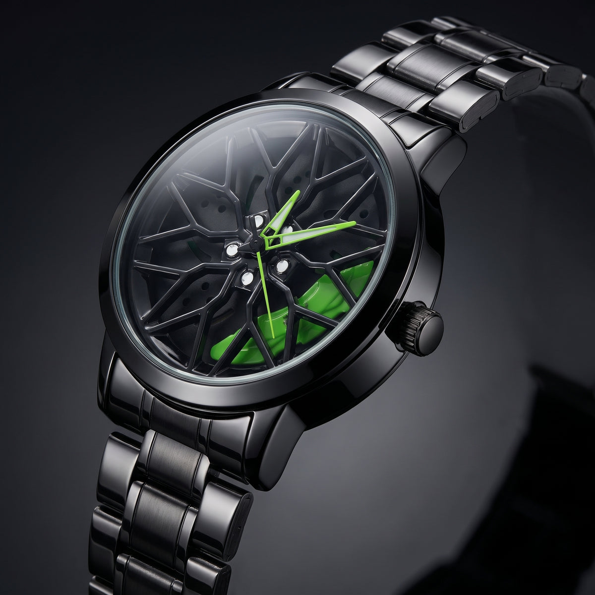 Spinning Car Wheel Watch – Green Accent | Gyro Rim & Brake Caliper Men's Watch