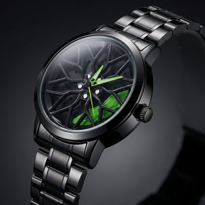 Spinning Car Wheel Watch – Green Accent | Gyro Rim & Brake Caliper Men's Watch