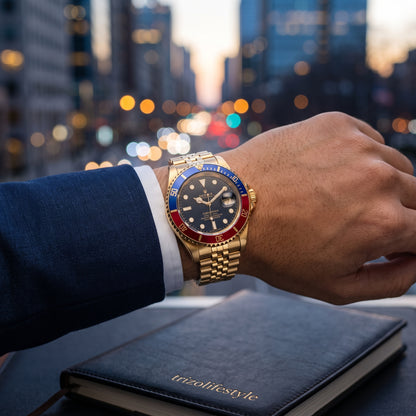 Trizo Men's Gold Watch – Red & Blue Pepsi Bezel, Black Dial | Trizolifestyle