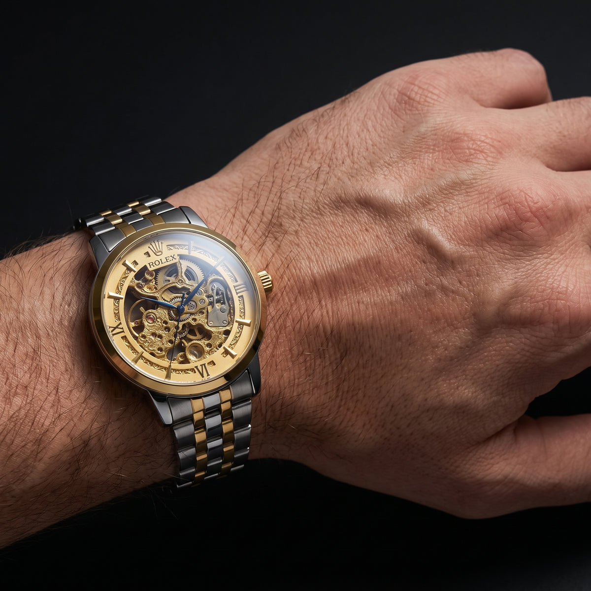 Trizo Premium Two-Tone Skeleton Automatic Watch – Sweeping Hand Movement