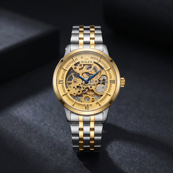 Trizo Premium Two-Tone Skeleton Automatic Watch – Sweeping Hand Movement