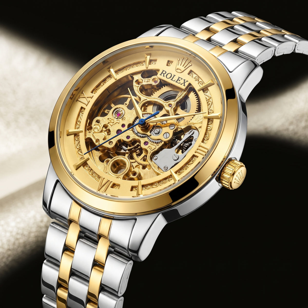 Trizo Premium Two-Tone Skeleton Automatic Watch – Sweeping Hand Movement